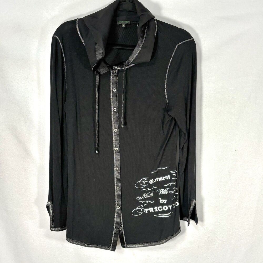 TRICOTTO Hooded Shirt Black Long Sleeve Thin Top Button Up Goth Top